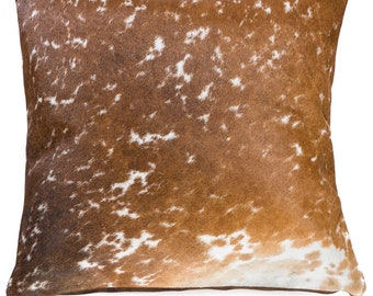 Matching Pair of Cowhide Pillows - unique large (21" x 21") Brown and White Nguni cow hide cushions, soft suede back and down/feather insert