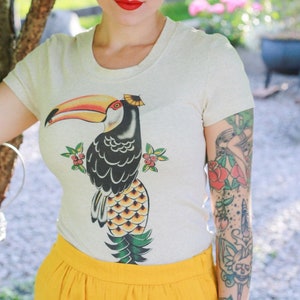 Toucan Samantha Fitted T-shirt size S, M, L,XL,2XL,3XL Heather beige/Ivory Vintage inspired by Mischief Made