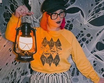 Trick or Treat 2 Pullover Fleece in Mustard Unisex Body size S,M,L,XL,2XL Vintage Halloween inspired By MISCHIEF MADE