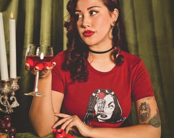 Dark Temptation Fitted Graphic T-shirt in Cardinal size S,M,L,XL,2XL,3XL vintage Halloween inspired by Mischief Made retro punk goth comic