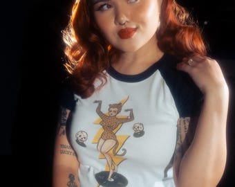Jungle Rock Short Raglan Cropped Baby Graphic T-shirt in White/Black size S, M, L,XL, 2XL vintage inspired by Mischief Made Leopard