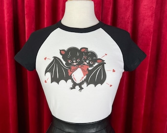 Bat Amour Short Raglan Cropped Baby Graphic T-shirt in White/Black size S, M, L,XL, 2XL vintage inspired by Mischief Made, Vampire