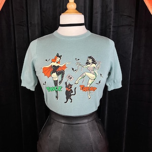 Spooky Stomp short sleeve Sweater size S,M,L,XL in Jade Vintage Halloween inspired By MISCHIEF MADE