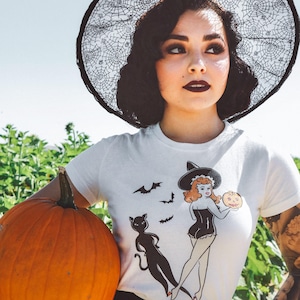 Trick or Treat Fitted Graphic T-shirt in Ivory size S,M,L,XL,2XL,3XL, Halloween vintage inspired by Mischief Made witch pinup black cat