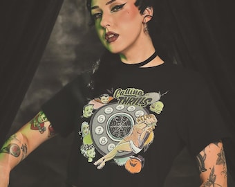 UNISEX Calling for Thrills Unisex Tee in Black size S,M,L,XL,2XL vintage inspired style by Mischief Made, monster