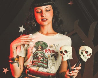 Rockin' Bones Fitted Graphic T-shirt in Ivory size S,M,L,XL,2XL,3XL  vintage Halloween inspired by Mischief Made, Skull