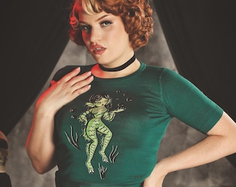 Lagoon Lady short sleeve Sweater size S,M,L,XL in Peacock Vintage Halloween inspired By MISCHIEF MADE pinup