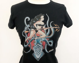 Daughter of the Kraken Fitted Graphic T-shirt in Black size S,M,L,XL,2XL vintage inspired design by Mischief Made