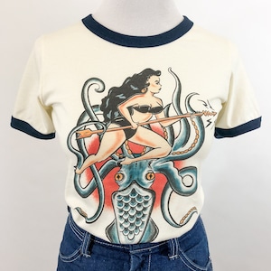 Daughter of the Kraken Fitted Ringer Graphic T-shirt in Natural/Navy size S, M, L,XL,2XL Vintage inspired by Mischief Made pinup