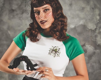 Web Walkin' Kitty Short Raglan Cropped baby Graphic T-shirt size S, M, L,XL, 2XL vintage inspired by Mischief Made