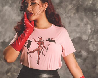 Three Little Devils Graphic Mini T-shirt in Pink size S, M, L,XL vintage Halloween inspired by Mischief Made, devil, pinup
