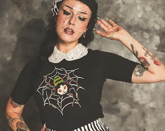 Web Walkin' Kitty short sleeve Sweater size S,M,L,XL in Black /Vintage inspired By MISCHIEF MADE, Spiderweb cat