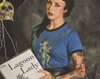 UNISEX Lagoon Lady Ringer Graphic T-shirt in Heather Royal/Navy Vintage inspired by Mischief Made