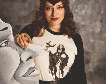 UNISEX Witchy Woman 3/4-Sleeve Raglan Graphic T-shirt in White/Black Vintage inspired by Mischief Made, Halloween