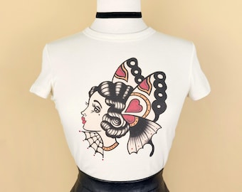 Velvet Monarch Cropped Graphic Tee in Natural- Mischief Made Vintage Butterfly