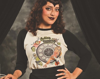 UNISEX Calling for Thrills 3/4-Sleeve Raglan Graphic T-shirt in White/Black Vintage inspired by Mischief Made, Halloween