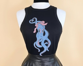 Sucker for Love Rib Racer Tank in Black size S, M, L,XL, 2XL/ Vintage inspired By MISCHIEF MADE Graphic T-shirt Octopus