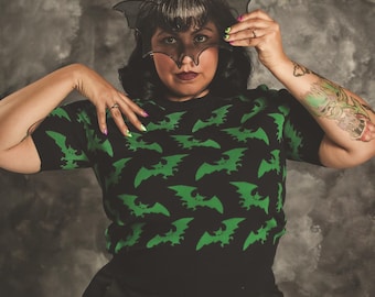 Midnight Bats Knit short sleeve Sweater in Black/Green, Vintage inspired By MISCHIEF MADE, goth