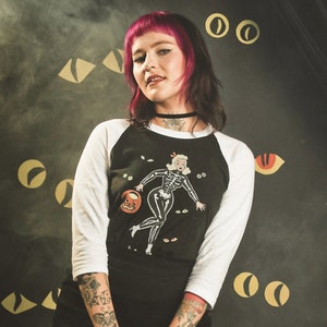 Spooky Night 3/4-Sleeve Unisex Raglan Graphic T-shirt in Black/White size S, M, L, XL, 2XL Vintage Halloween inspired By MISCHIEF MADE