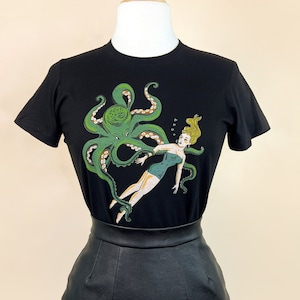 Girl With Octopus Fitted Graphic T-shirt in Black size S,M,L,XL,2XL, 3XL vintage inspired by Mischief Made