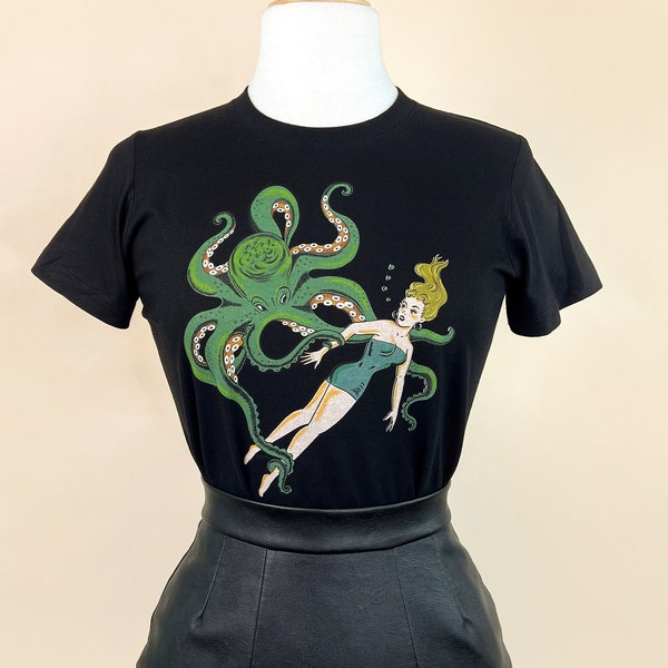 Girl With Octopus Fitted Graphic T-shirt in Black size S,M,L,XL,2XL, 3XL vintage inspired by Mischief Made