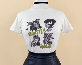 Monster Smash Fitted Graphic T-shirt in Ivory size S,M,L,XL,2XL,3XL  / Vintage inspired By MISCHIEF MADE, Pin up