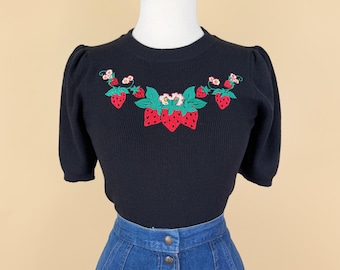 Red Strawberries short sleeve Sweater size S,M,L,XL, 2XL in Black  /Vintage inspired By MISCHIEF MADE