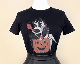 Witch Sisters Fitted Graphic T-shirt in Black size S,M,L,XL,2XL,3XL  vintage Halloween inspired by Mischief Made pinup