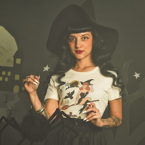 Season of the Witch Fitted Graphic T-shirt in Ivory, size, S, M, L, XL, 2XL, 3XL Vintage Halloween inspired by Mischief Made pinup