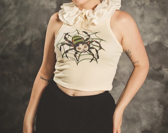 Web Walkin' Kitty Out Fitted Graphic Tank Top in Ivory, Vintage Halloween inspired By MISCHIEF MADE, Spider Cat