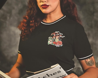 Witches Brew Short Sleeve Cropped Sweater in Black/Vintage Halloween inspired By MISCHIEF MADE