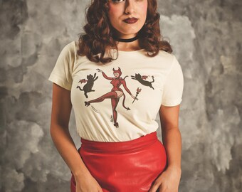 Three Little Devils Fitted Graphic T-shirt in Cream  size S,M,L,XL,2XL,3XL  / Vintage Halloween inspired By MISCHIEF MADE, devil, pinup