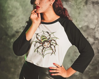 UNISEX Web Walkin' Kitty 3/4-Sleeve Raglan Graphic T-shirt in White/Black Vintage inspired by Mischief Made, Spiderweb Cat