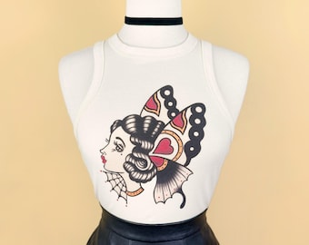 Velvet Monarch Rib Racer Tank in Natural size S, M, L,XL, 2XL/ Vintage inspired By MISCHIEF MADE Graphic T-shirt, Butterfly