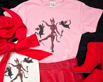 Three Little Devils Graphic Mini T-shirt in Pink size S, M, L,XL vintage Halloween inspired by Mischief Made, devil, pinup