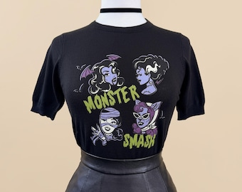 Monster Smash short sleeve Sweater size S,M,L,XL in Black Vintage Halloween inspired By MISCHIEF MADE pinup