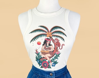 Bongo Baby Rib Racer Tank in Natural size S, M, L,XL, 2XL/ Vintage inspired By MISCHIEF MADE Graphic T-shirt, tropical, Hawaii