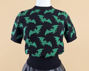 Midnight Bats Knit short sleeve Sweater in Black/Green, Vintage inspired By MISCHIEF MADE, goth