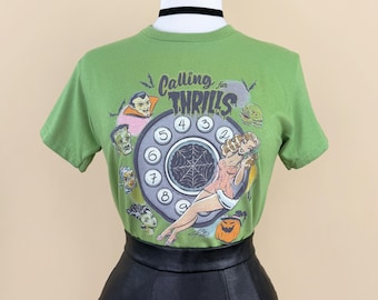 Calling for Thrills Mini T-shirt in Lime size XS, S, M, L,XL vintage inspired by Mischief Made, monster