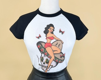 Belle Muerte Short Raglan Cropped T-shirt in White/Black size S, M, L,XL, 2XL vintage inspired by Mischief Made