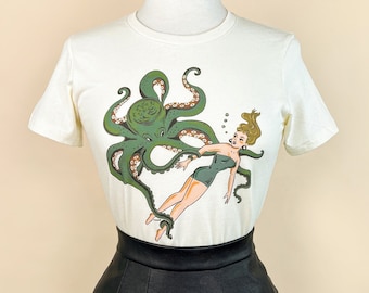 Girl With Octopus Fitted Graphic T-shirt in Ivory size S,M,L,XL,2XL, 3XL vintage inspired by Mischief Made