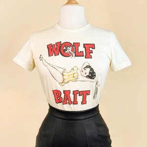 Wolf Bait Graphic T-shirt in Ivory size S, M, L, XL, 2XL, 3XL Rockabilly Pinup girl Vintage inspired  by Mischief Made