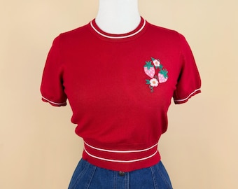 Pink Strawberries Short Sleeve Cropped Sweater in Red/Vintage inspired By MISCHIEF MADE