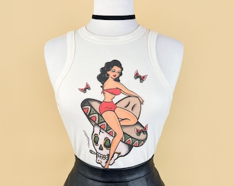 Belle Muerte Rib Racer Tank in Natural size S, M, L,XL, 2XL/ Vintage inspired By MISCHIEF MADE Graphic T-shirt Smoking skull