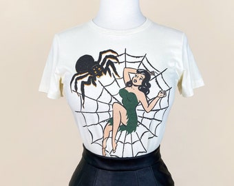 Web of Lies Fitted Graphic T-shirt in Ivory size S,M,L,XL,2XL,3XL vintage Halloween inspired by Mischief Made Spider web