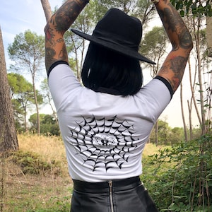 Dear Spider Unisex Ringer Graphic T-shirt in White/Black size S, M, L,XL,2XL Vintage Halloween by Mischief Made