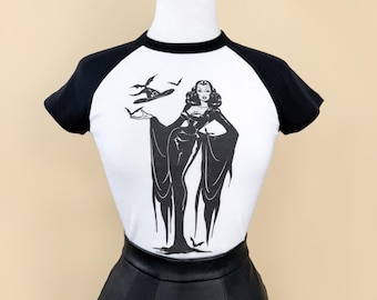 Witchy Woman Short Raglan Cropped Graphic T-shirt in White/Black size vintage Halloween inspired by Mischief Made, Witch