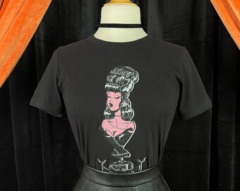 Mrs. Frankenstein Fitted Graphic T-shirt in Black size S,M,L,XL,2XL,3XL vintage Halloween inspired style by Mischief Made, Frankenstein