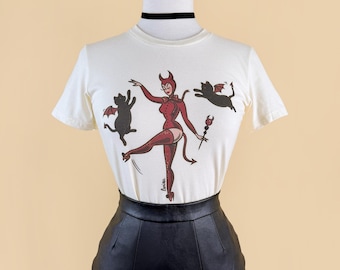 Three Little Devils Fitted Graphic T-shirt in Cream  size S,M,L,XL,2XL,3XL  / Vintage Halloween inspired By MISCHIEF MADE, devil, pinup