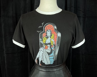 UNISEX Coffin Beauty Ringer Graphic T-shirt in Black/Natural size S, M, L,XL, 2XL, 3XL/ Vintage inspired by Mischief Made